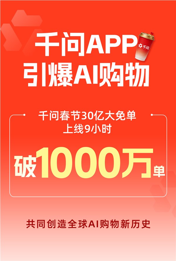 千问AI购物订单9小时破1000万 创造AI购物新历史