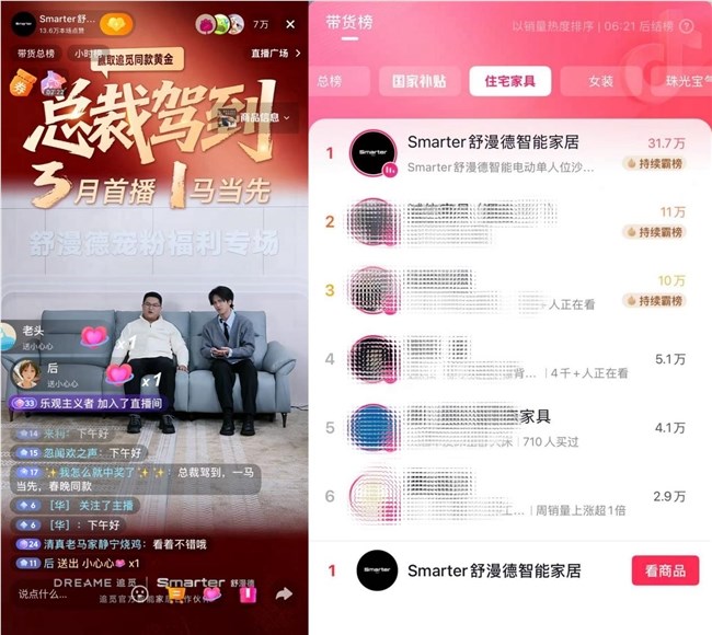 超7万在线关注！AI智能沙发开创者舒漫德 直播登顶家具行业榜首 引投资招商热潮